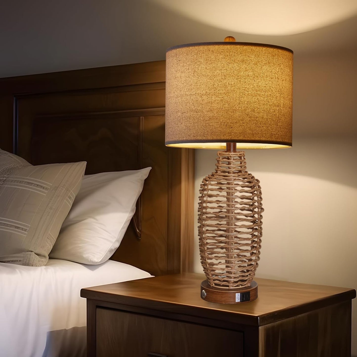 YIMNOVP Rattan Table Lamps Set of 2 Wicker Lamps 3 Way Dimmable Touch Control Farmhouse Rustic Coastal Lamps with USB Port for Bedroom Living Room Office (LED Bulbs Included)