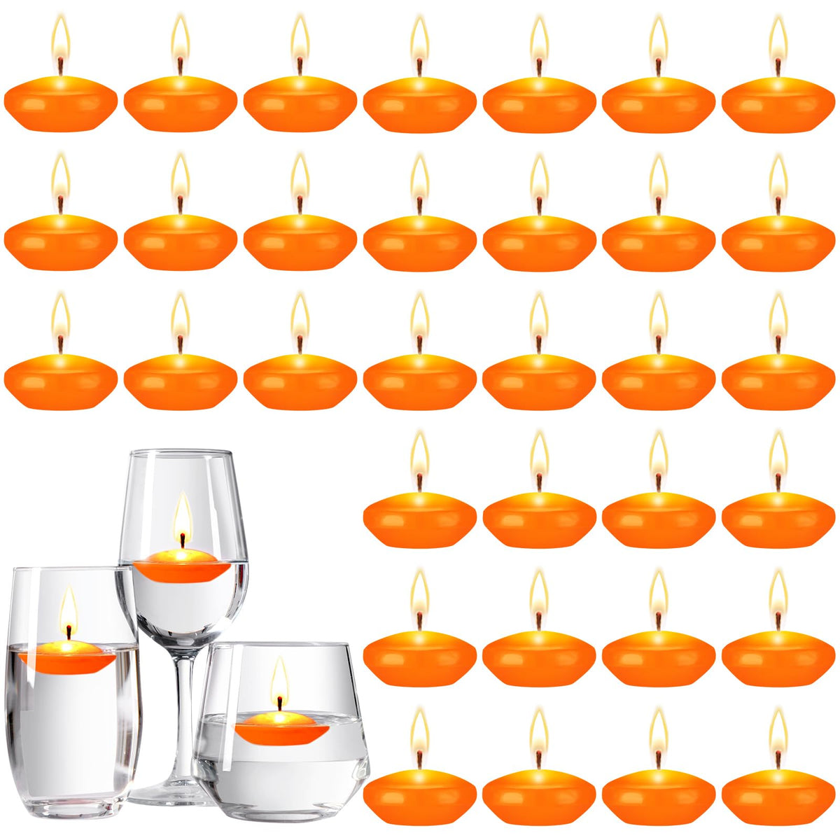 Nuanchu 30 Pcs Orange Floating Candles Centerpieces Bulk 1.5 Inch Small Unscented Votive Floating Candles Decoration for Wedding Party Anniversary Holiday Party Gifts Home Pool Decor