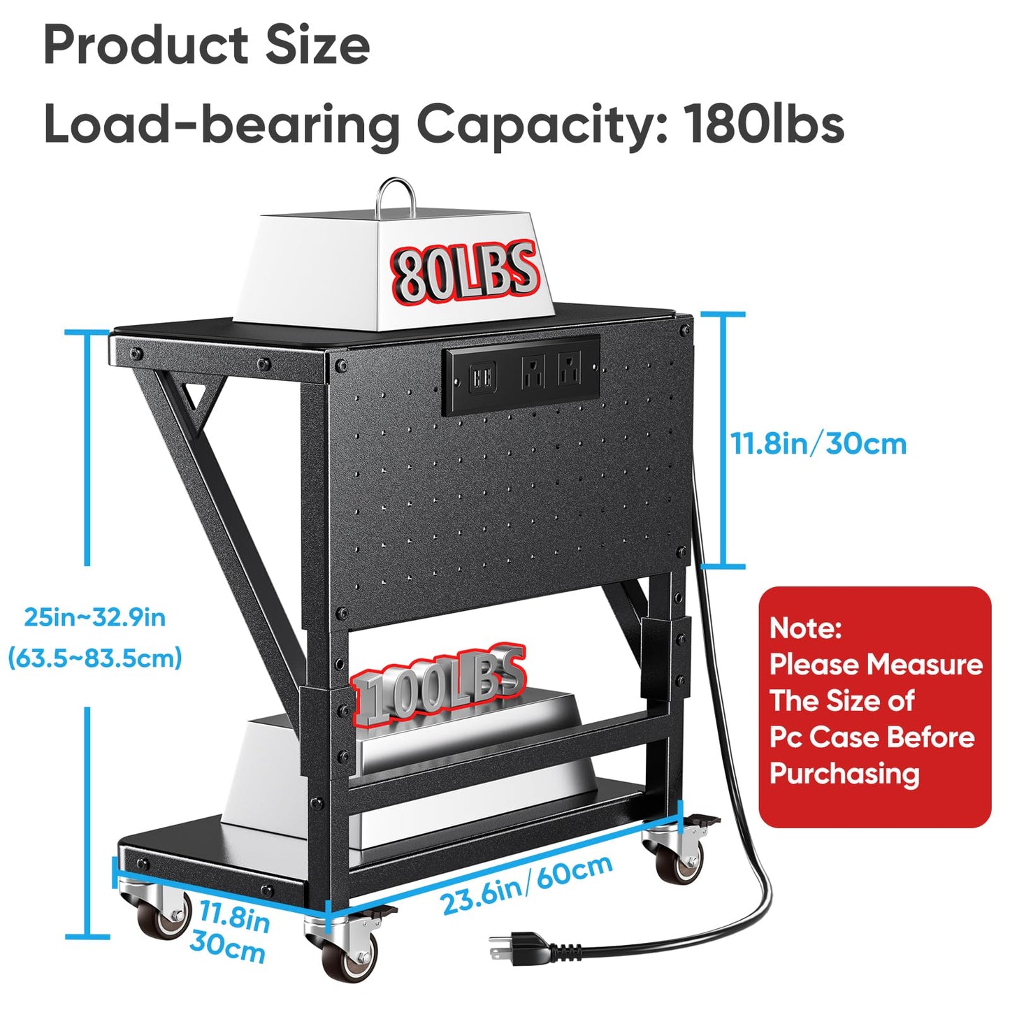 POKIPO Computer Tower Stand with Charge Station and USB Port,Pc CPU Holder Cart for Floor Carpet with Wheels,Heavy Duty Metal,Adjustable Height,Rolling Pc Printer Desktop Under Desk for Home Office