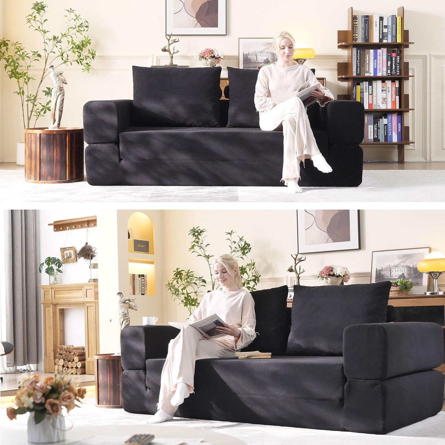 WHGBJA 79'' Convertible Sleeper Sofa Bed, 3-in-1 Foldable Floor Couch with Corduroy Upholstery, No Assembly Loveseat, Light Brown Lounge Mattress for Living Room, Studio, Guest Room (Black)