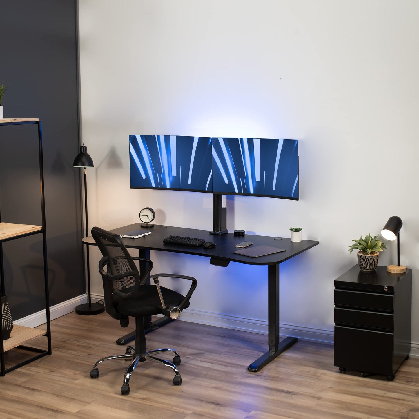 VIVO Integrated 63 x 32 Inch Electric Standing Desk and Motorized Dual Monitor Mount, 1 Touch Height Adjustment, Fits up to 32 inch Monitor Screens, Memory Control Pad, Black, DESK-KIT-SET1B