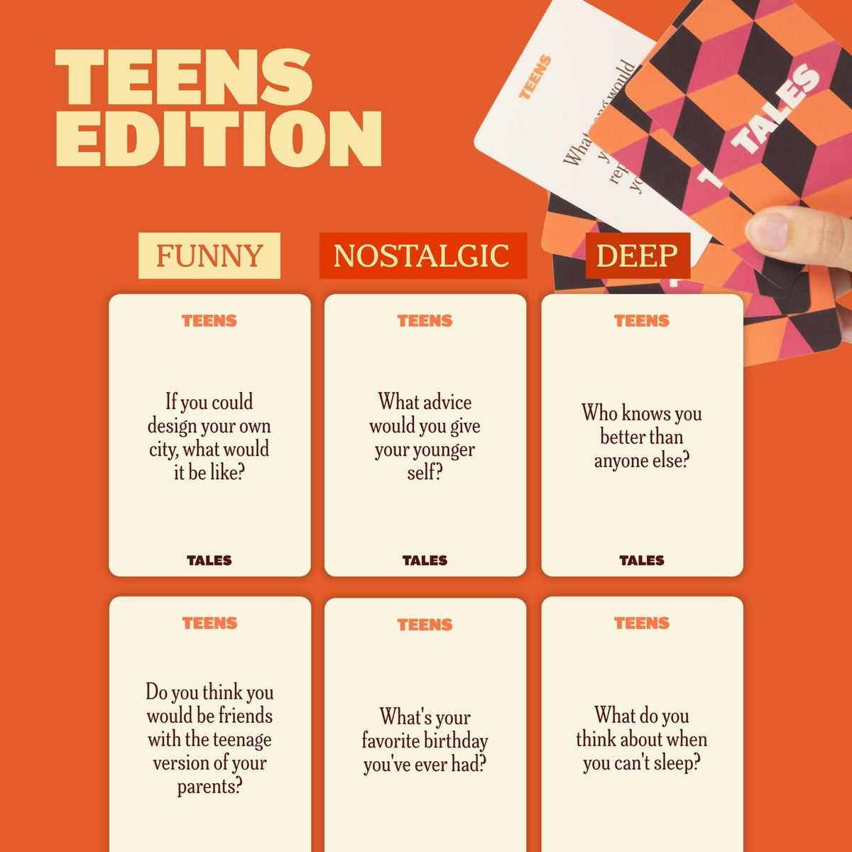 TALES 150 Conversation Cards, Teens Edition, Fun Family Games for Teens, Perfect for Dinners, Road Trips, Classrooms & Game Nights, Gifts & Gatherings, Conversation Starters to Spark Creativity