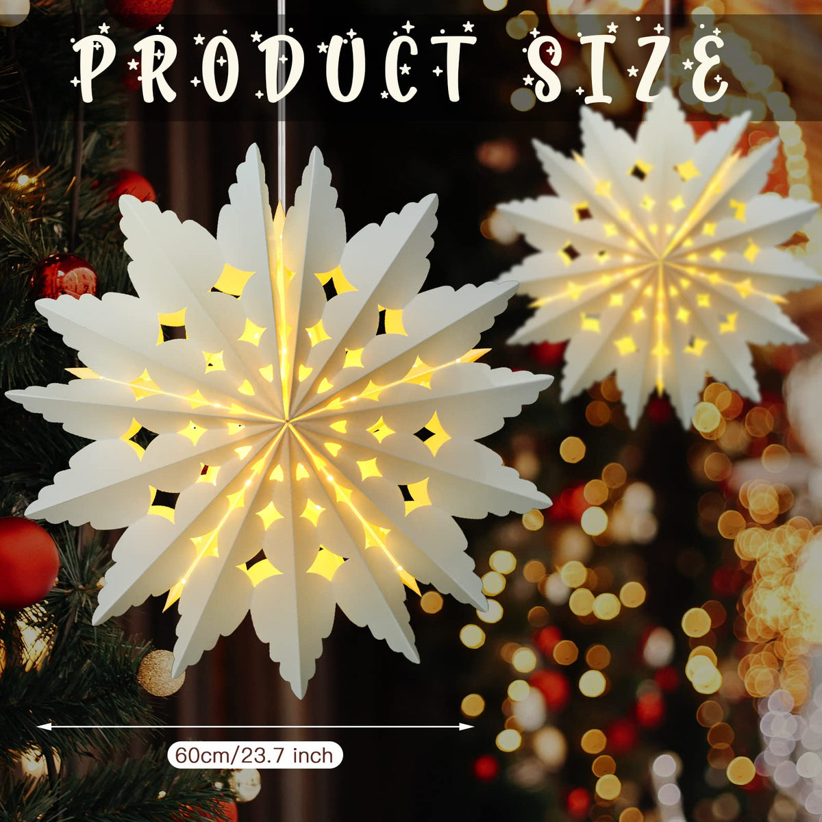 23.6 Inch Christmas Star Snowflake Paper Lantern with Light Timer Paper Lamp Party Supplies Hanging Decoration for Weddings Christmas Trees Birthday Holiday Party Celebration (Elegant Style)