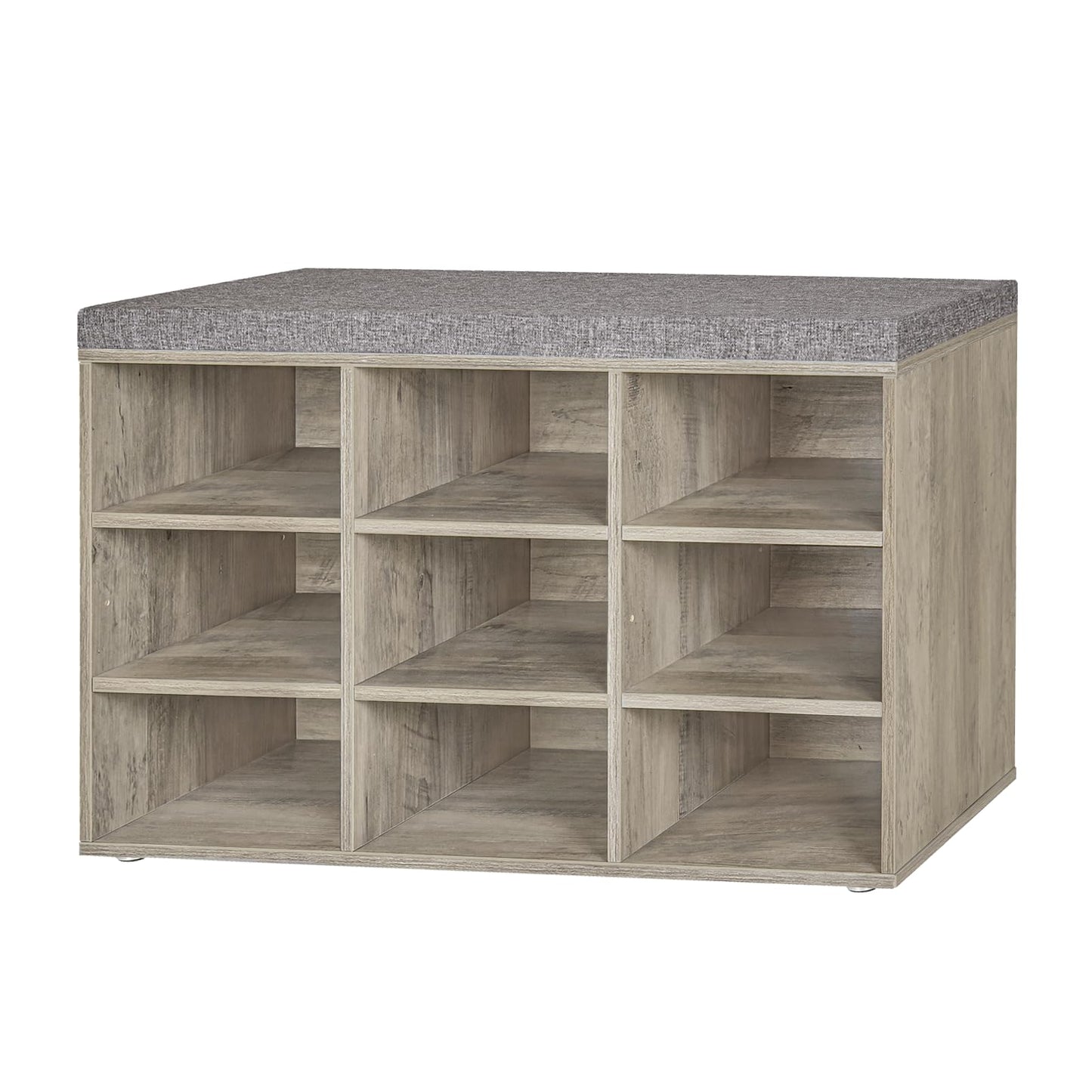 DINZI LVJ Shoe Bench, 9 Cubbies Shoe Organizer for Entryway, Storage Bench with Cushion, Cubby Shoe Rack with Adjustable Shelves for Living Room, Bedroom, Mudroom, Hallway, Gray Wash