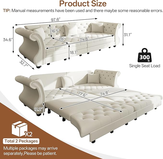 97.6" Oversized Pull Out Sofa Bed, Chesterfield Velvet Sleeper Sofa Couch