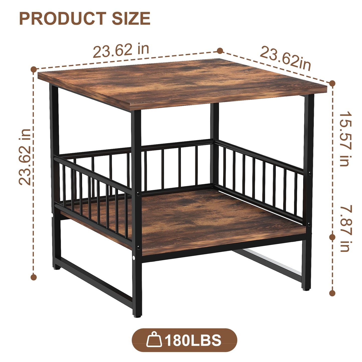 DHMAKER End Table, Industrial Side Table with 2-Tire Storage Shelf, 180LBS Mini Fridge Stand with Adjustable Feet, 24"x24" Wood Night Stand Small Bedside Table for Living Room Bedroom, Brown