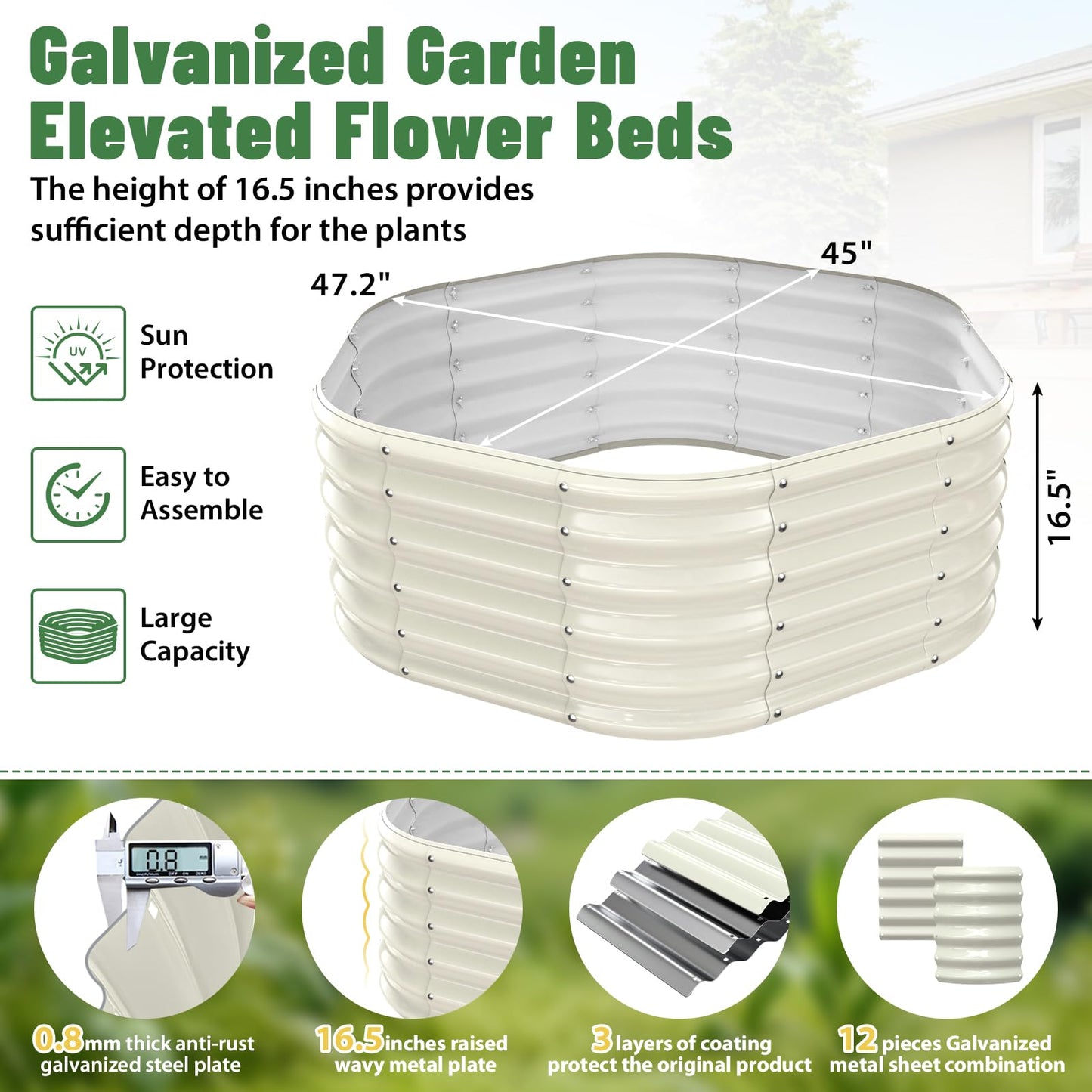 Hexagon Raised Garden Bed, 48 Inch Diagonal & 16.5 Inch Tall, Galvanized Steel Planter Box with Wave-Shaped Metal Panels for Outdoor Flower,Tree,Herb & Vegetable Garden (Cream white, 4FT X 1.5FT)