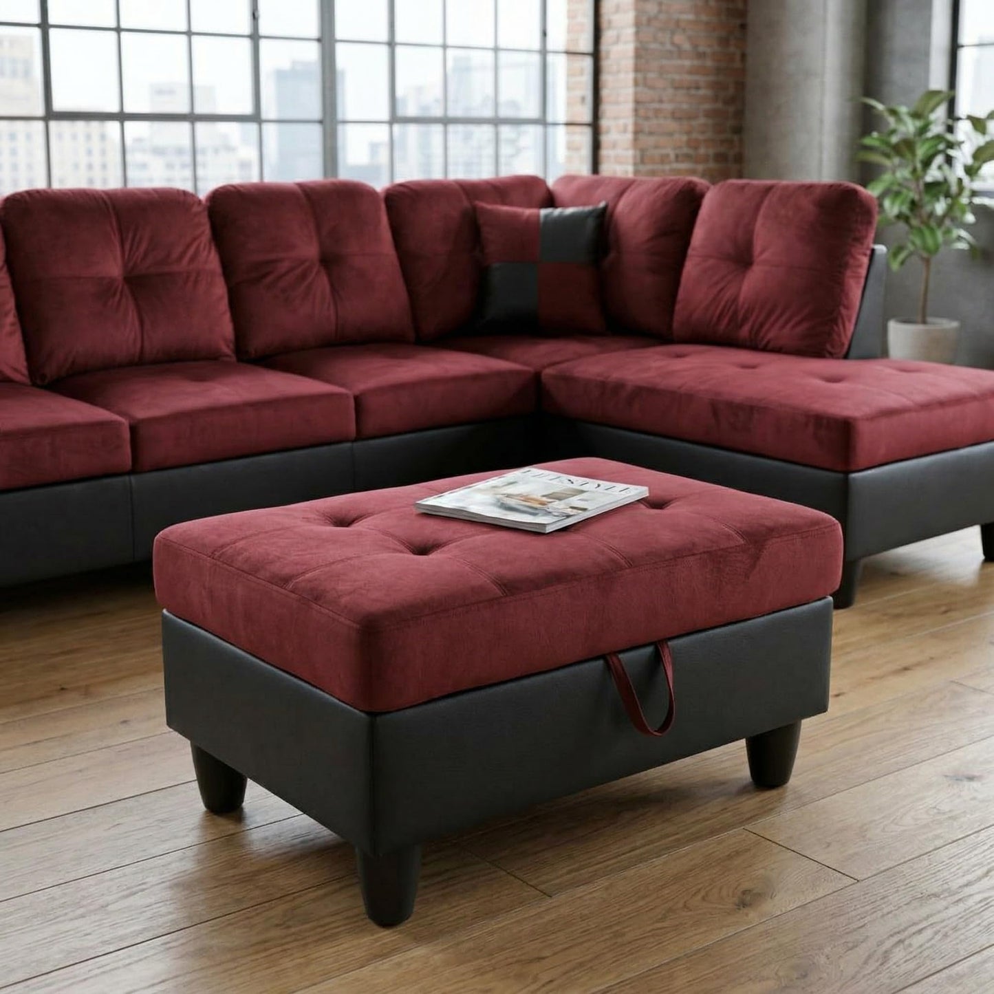 NicBex Sectional Couch 3 Pieces Sofa Set, L-Shaped Modular Couches for Living Room, Furniture Sets with Lounge Chaise & Storage Ottoman, Multi-Scene Use for Apartment & Office, Red+Black