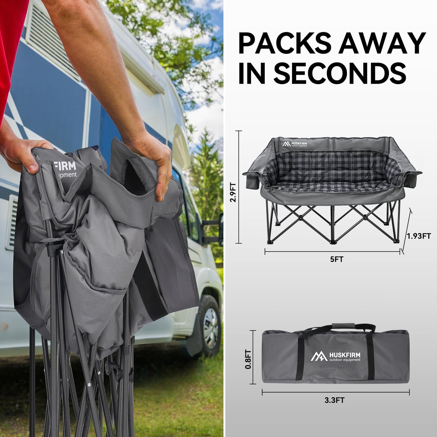 Double Camping Chairs Padded Loveseat Chair for 2 Person - Heavy Duty Oversized Camping Couch for Adults Outdoor Lawn Beach - Portable Folding Sofa with Cup Holders and Carry Bag, Grey