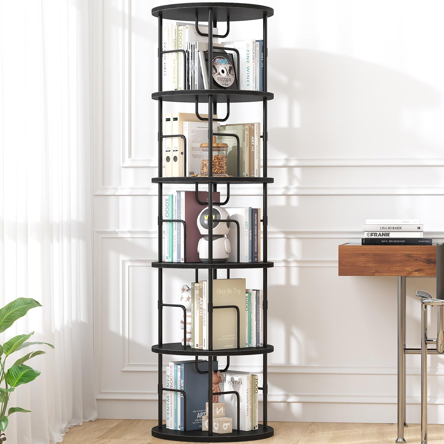 swlongbooks 5Tier Rotating Bookshelf, Spinning Bookshelf Tower,360 ° Display Space Saving Standing Round Swivel Bookcase Corner Storage Organizer for Bedroom Living Room Office，Black