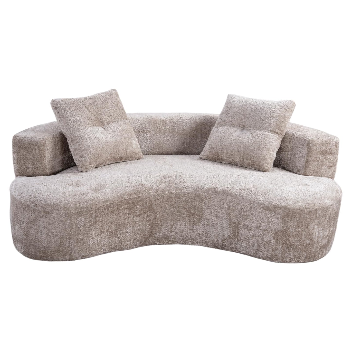 KEIKI 80" Boucle Curved Modular Boneless Sofa with 2 Pillows, Upholstered Modern Style 3-Seater Couch with High Resilience Cushion, No Assembly Required, for Apartment, Living Room, Office, Camel