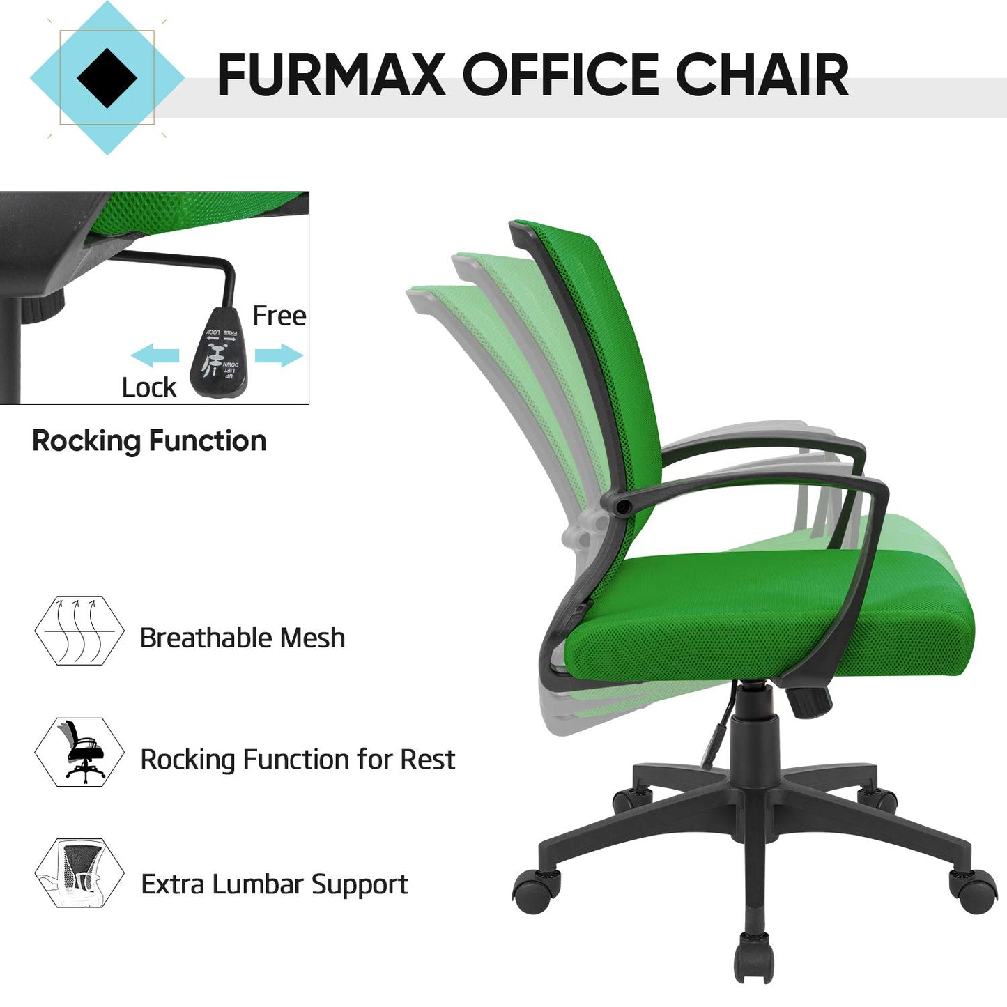 Furmax Office Chair Ergonomic Computer Desk Mesh Chair Mid Back Swivel Lumbar Support with Armrest (1, Green)