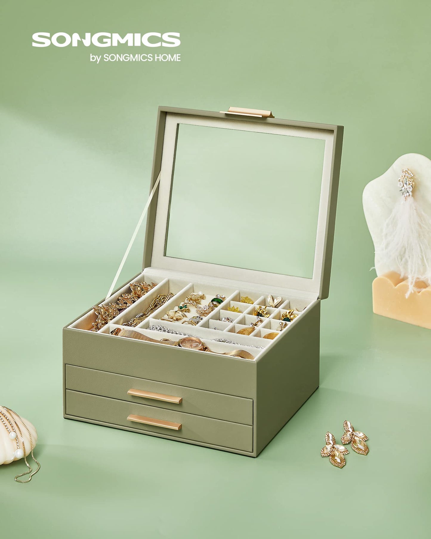 SONGMICS GISELLA Collection - Jewelry Box Organizer, 3-Layer Jewelry Storage with 2 Drawers, Shiny Metal Hardware, Glass Lid, Modern, 8 x 9.1 x 5.3 Inches, Avocado Green and Gold Color UJBC239C02