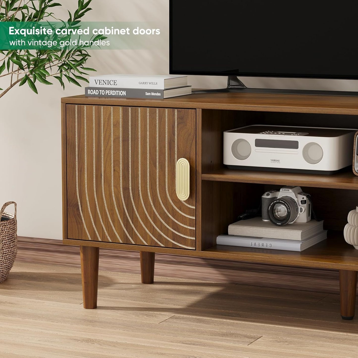 Algherohein 47" TV Stand for TVs up to 55 Inch, Entertainment Center with Storage and Adjustable Shelves, Modern Media Console for Living Room, Walnut