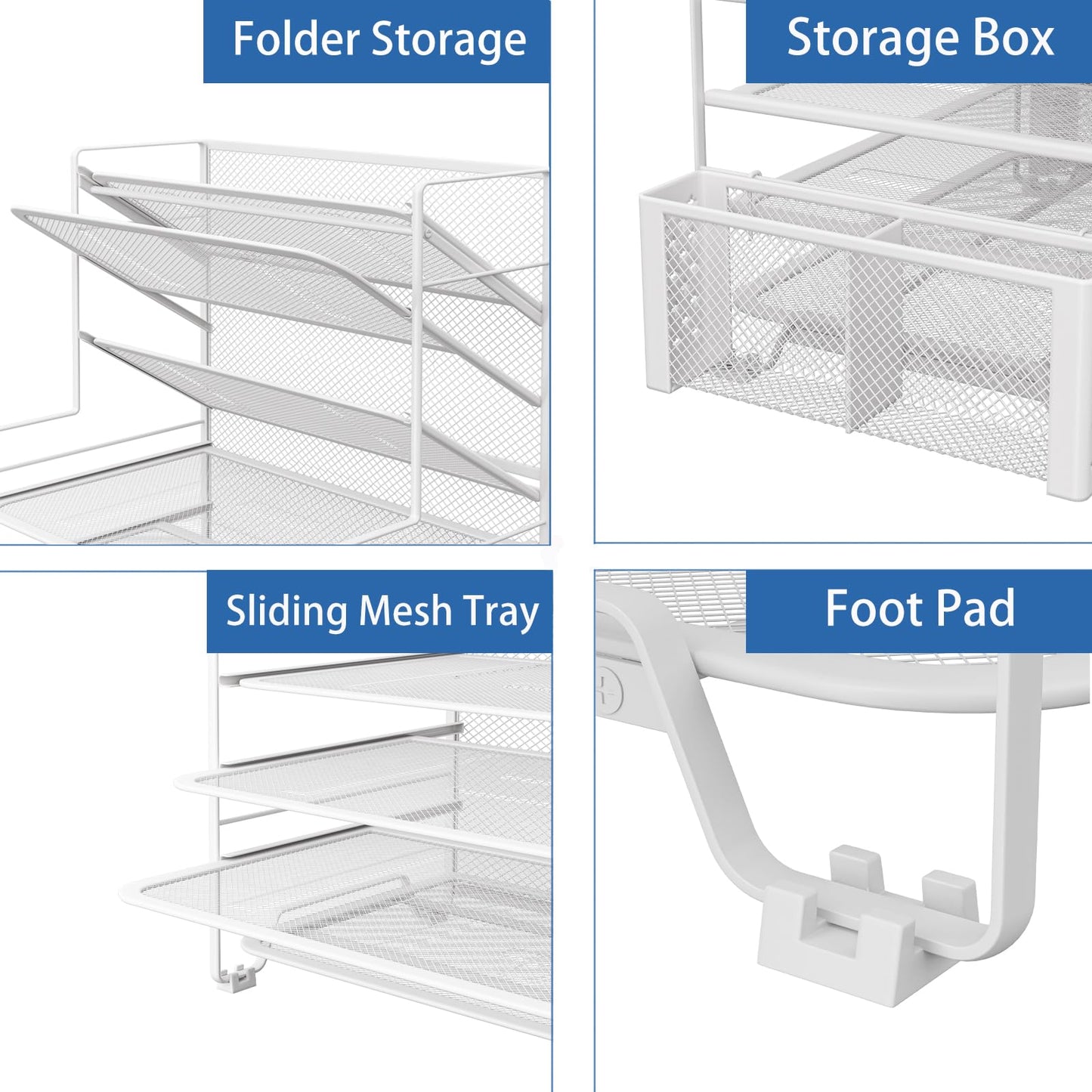 Simple Trending 7 Tier Desk File Organizer, Letter Tray Paper Organizer with Pen Holder and Metal Hanging Basket, White