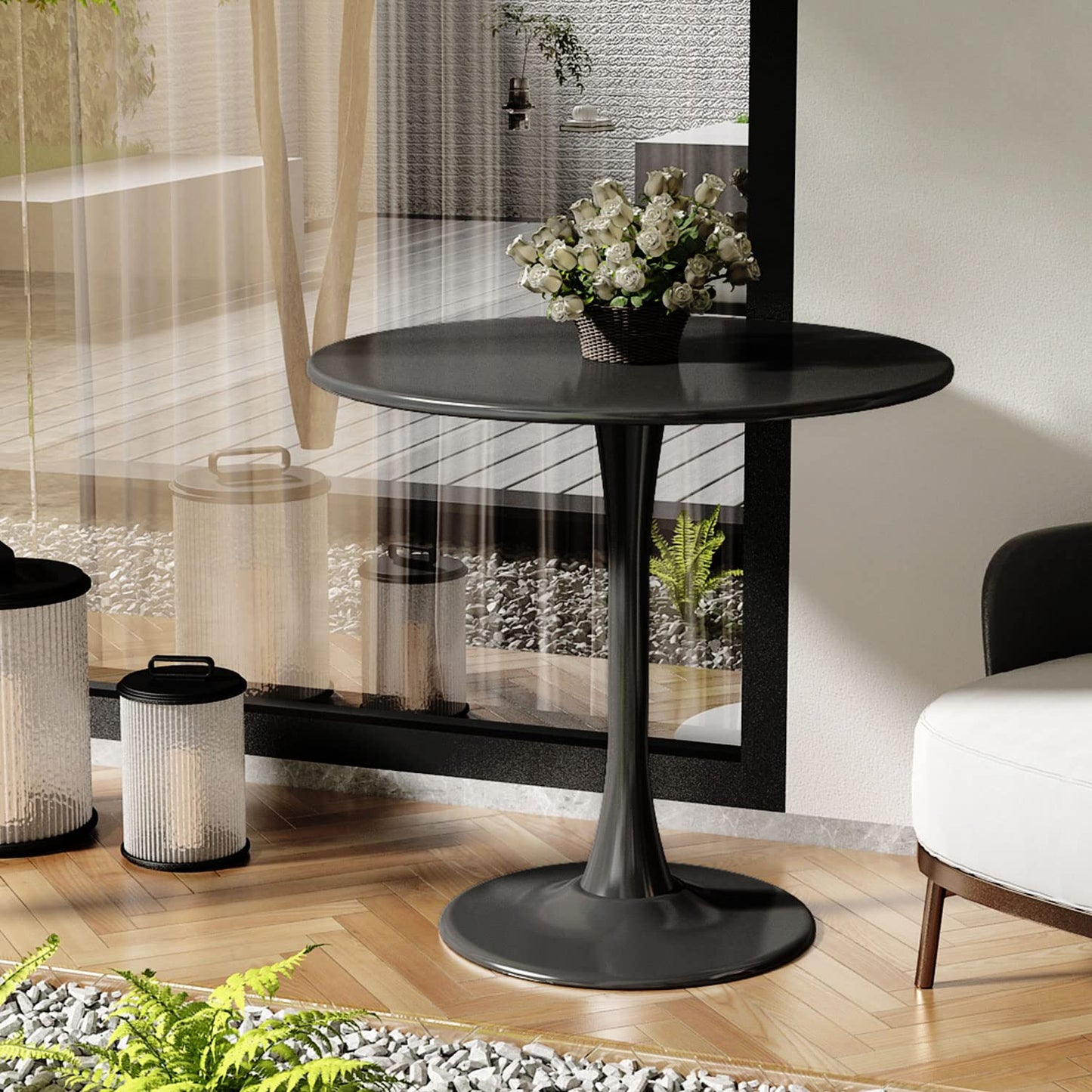 Kasinali Round Dining Table 31.5" Circle Tulip Table with Wood Thickened Tabletop & Sturdy Metal Pedestal Mid Century Modern Leisure Bistro Kitchen Tables 4 People Small Places Living Room Cafe,Black