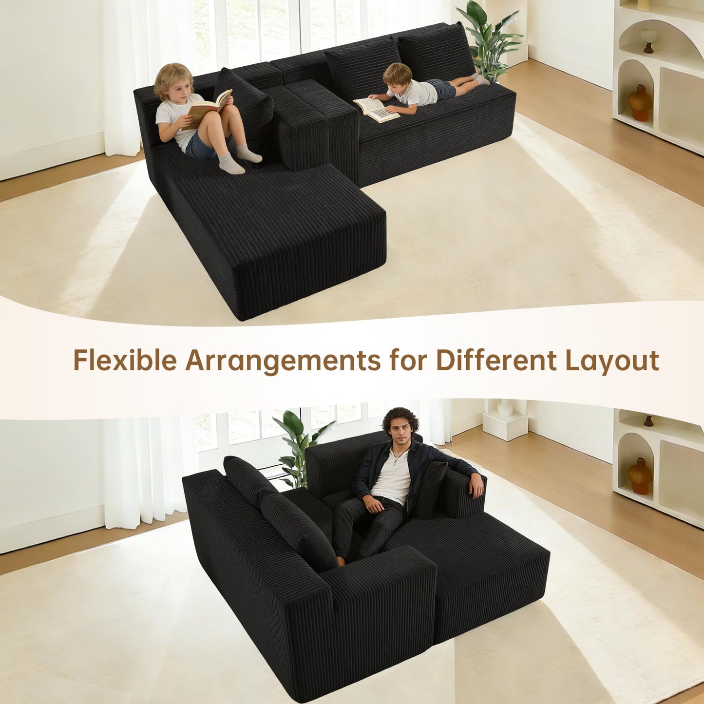 Nigoone 103" Cloud Sectional Sofa, Boneless L-Shape Couch with Chaise, Modern Minimalist Modular Couch for Living Room, Free Combination, Deep Seat, No Assembly Required, Premium Corduroy, Black, R