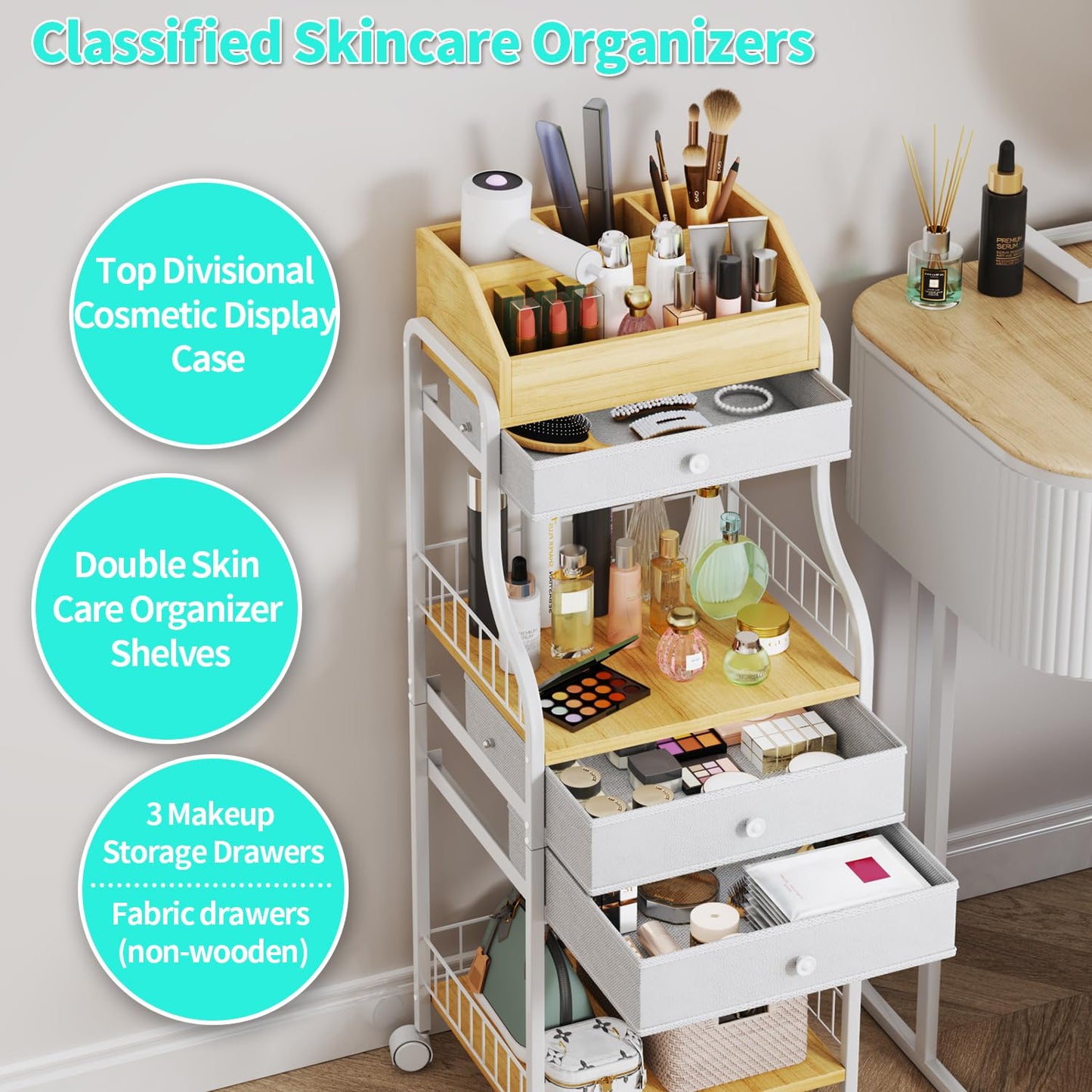 HapiRm Floor Makeup Organizer Cart - Vanity Skincare Beauty Organizers Makeup Storage with Drawers, Cosmetics Display Cases Holder Nail Cart for Hair Accessories Polish Perfume Make up Brush