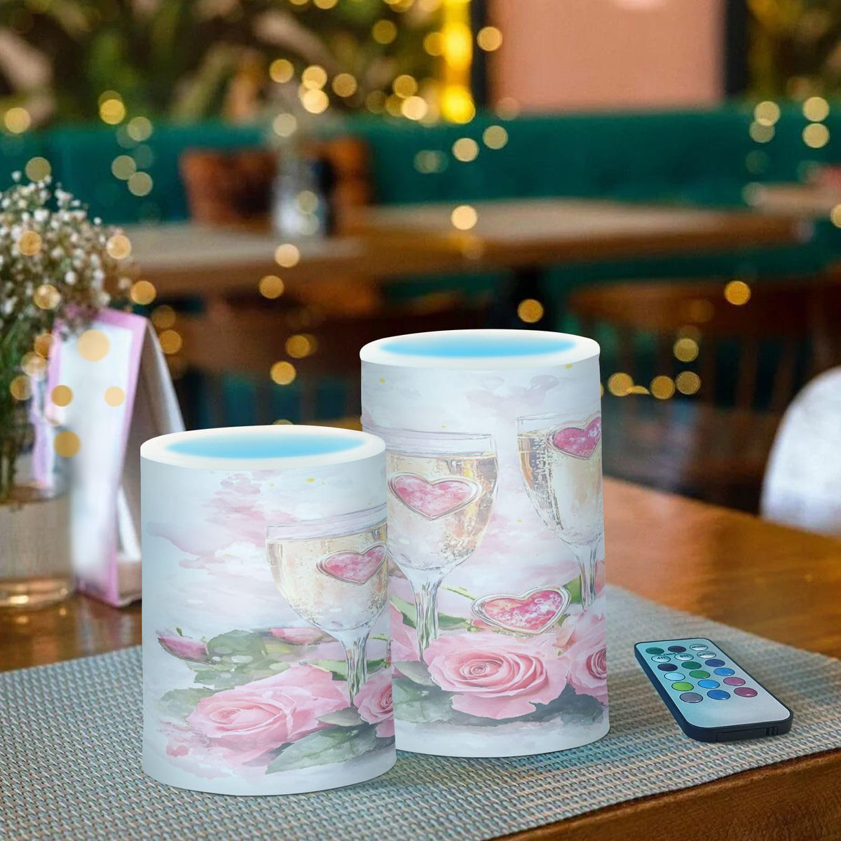 ALAZA ValentineWine Glasses Rose Flameless Candles, LED Pillar Candles with Remote Timer, Battery Operated Candles Set of 2