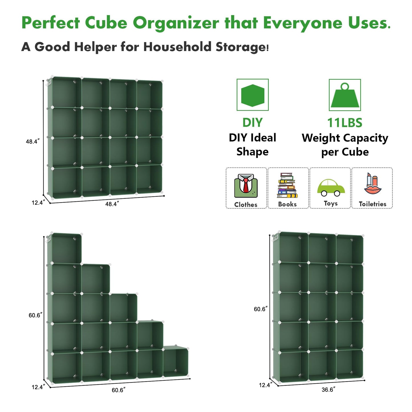 C&AHOME Cube Storage Organizer, 16-Cube Shelves Units, Plastic Storage Cubes, DIY Closet Organizer, Modular Closet Storage Shelves Ideal for Home, Bedroom, 48.4" L × 12.4" W × 48.4" H Green UPCS16GN