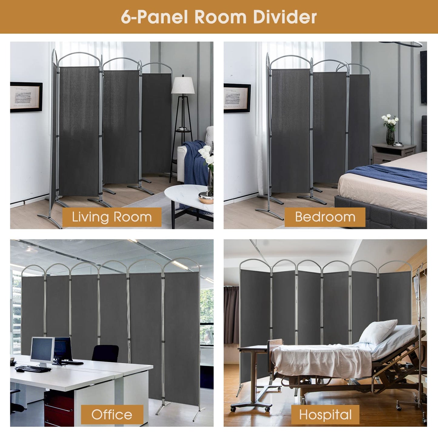 Giantex 6.2Ft Folding 6-Panel Room Divider Grey - 130" Wide Freestanding Foldable Fabric Privacy Screen, Lightweight Portable Partition Wall Divider and Separator for Home Office, Apartment, Studio