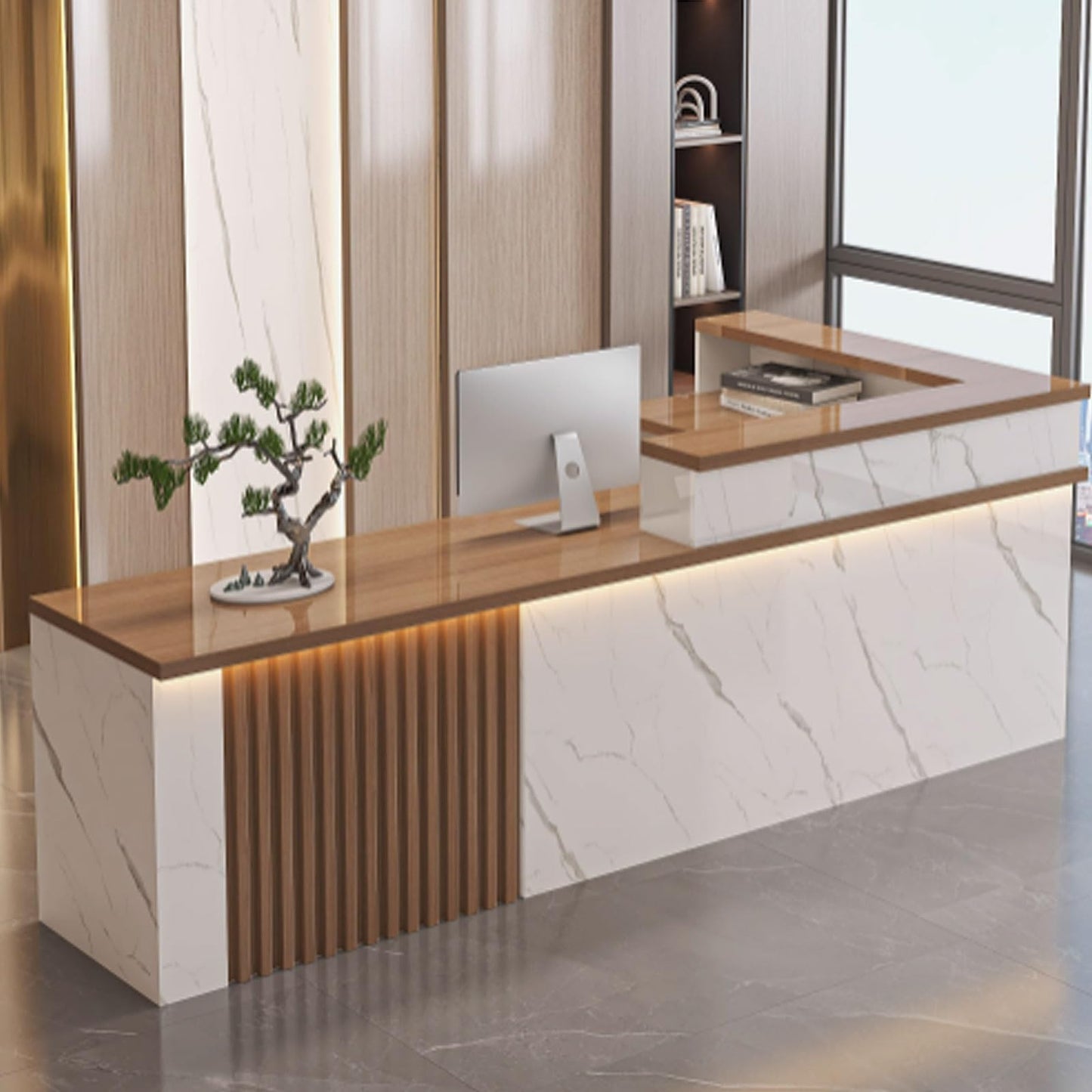Modern Reception Desk with LED Light Strips - Stylish 120cm Office Counter Table with Storage for Beauty Salons, Lobbies & Waiting Areas (White & Brown)