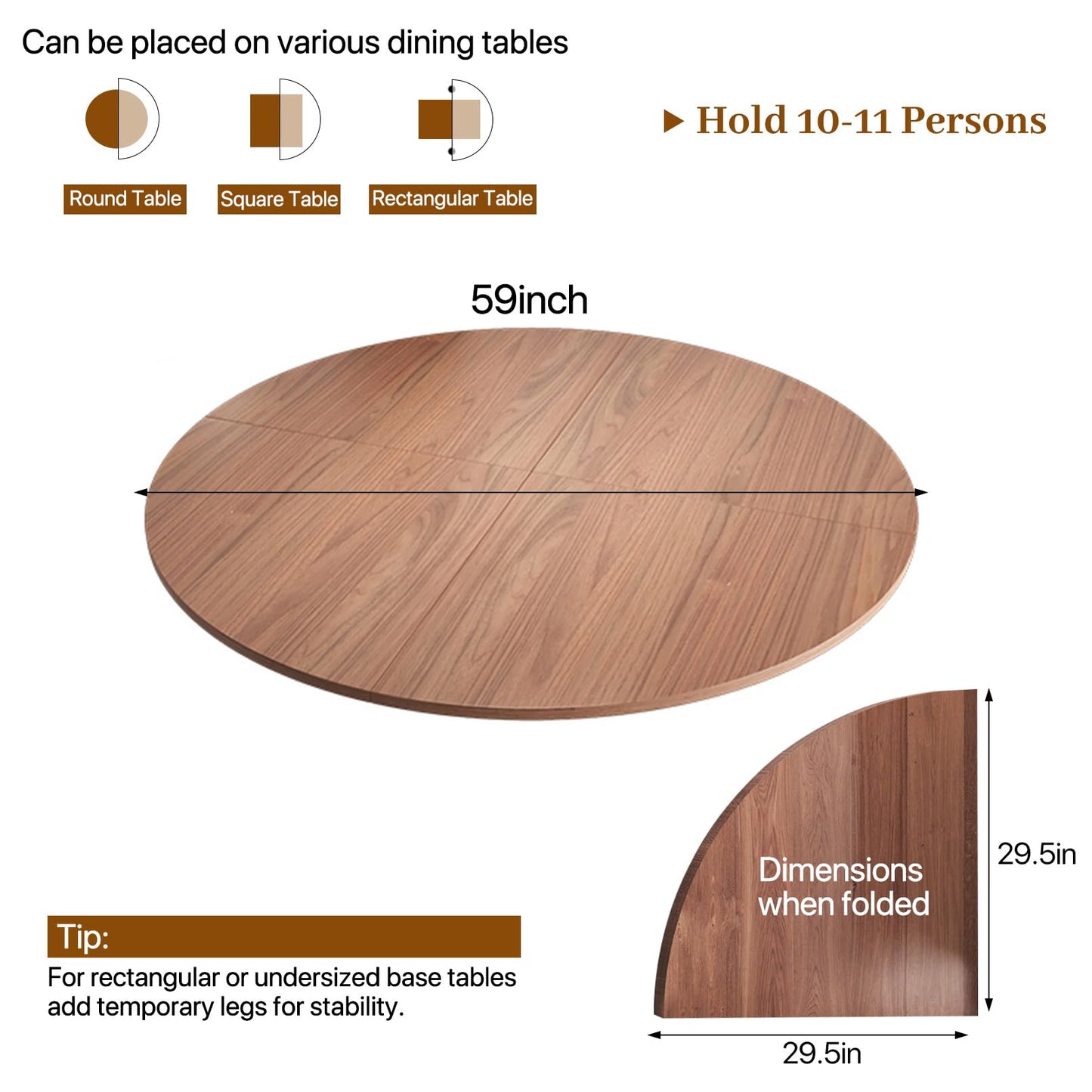 Wood Round Foldable Table Top Only Large Portable Tabletop for Desktop Transformation 47 51 55 59 63 71 inch 4-Fold Folding Round Table Top Extender Space Saving for Family Dinners(Light Walnut,59")