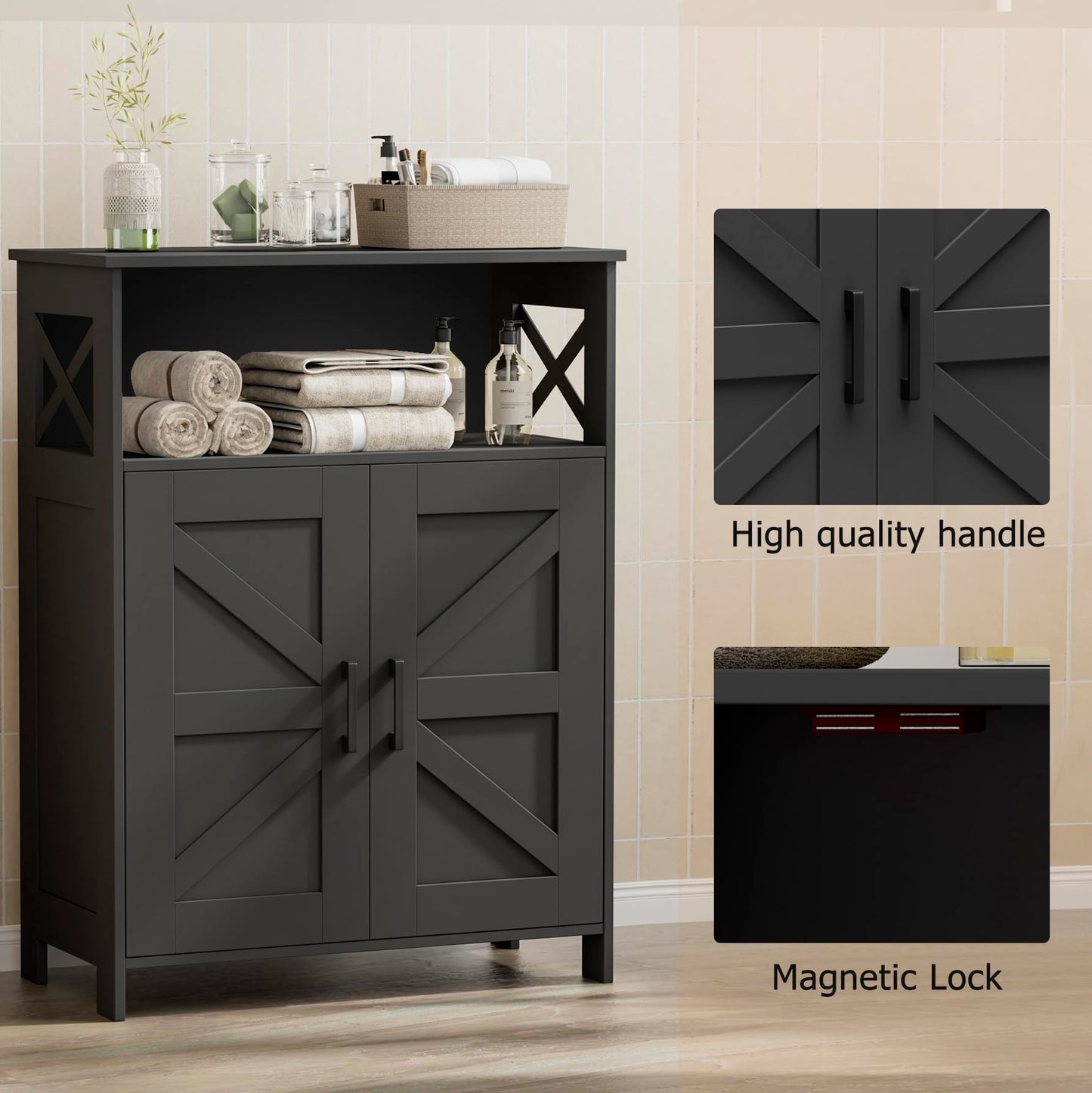 Homhedy Farmhouse Bathroom Storage Cabinet with 2 Doors, Toilet Paper Cabinet with Adjustable Shelf, Small Bathroom Cabinet for Kitchen/Laundry/Living Room, 11.8 x 23.6 x 31.5 Inches, Black
