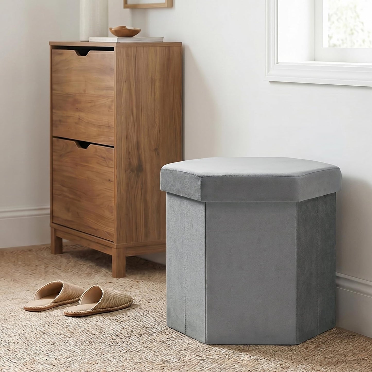 ZOLANOful Hexagon Storage Ottoman for Small Spaces, Velvet Accent Footstool with Hidden Storage, Foldable Ottoman Seat for Living Room, Bedroom, Dorm & Entryway, Charcoal, 15 x 16.9 x 15 Inch