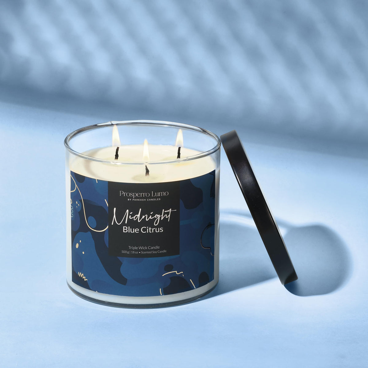 PROSPERRO LUMO by Parkash Candles Premium Scented Soy Wax Candle 500 gm 35-40 Hrs Luxury Aroma Therapy Triple Wick Votive Jar Candle | Scented Candles for Home Decor Gift Set (Midnight Blue Citrus)