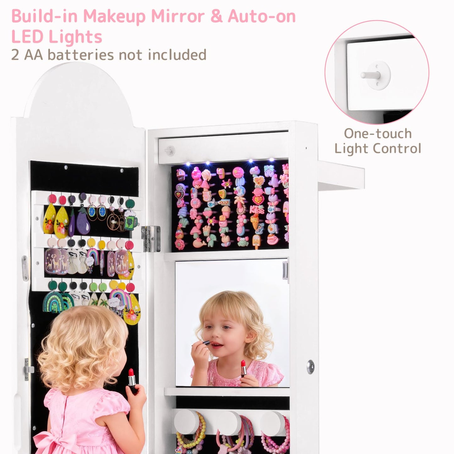 INFANS Kids Jewelry Armoire Cabinet with LED Lights, Lockable Standing Organizer with Full-length Mirror, Unicorn Theme Children Vanity Dress Up Storage Rack for Girls