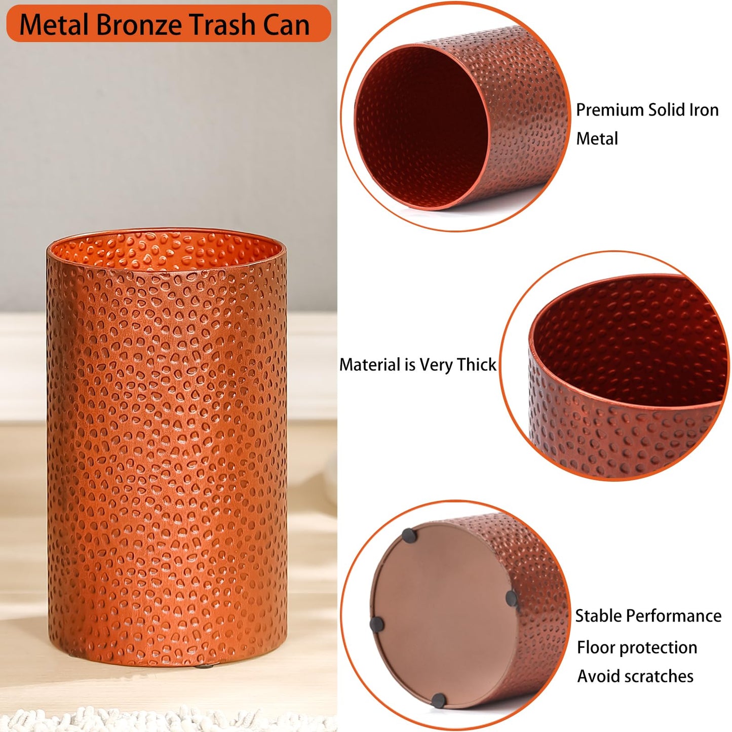 Wenbery Hand-Hammered Antique Copper Metal Trash Can, Small Decorative Wastebasket for Bathroom, Bedroom, Office, Kitchen & Dorm - Durable Round Garbage Bin, 7" W X 7" L X 12" H