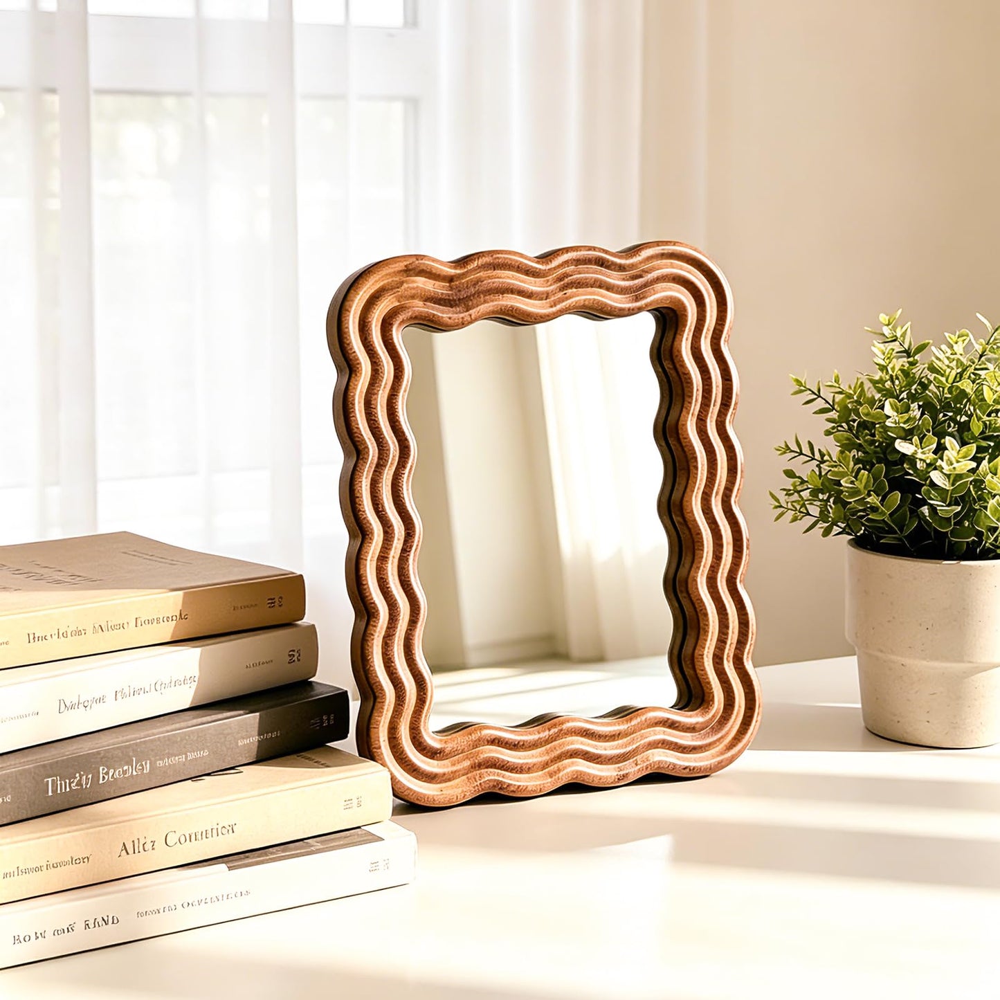 Pehvdkuq Wood Framed Wave Shaped Folding Makeup Mirror, Scalloped Aesthetic Tabletop Vanity Mirror with Stand for Desk Bedroom Office Home Decor, Boho Style