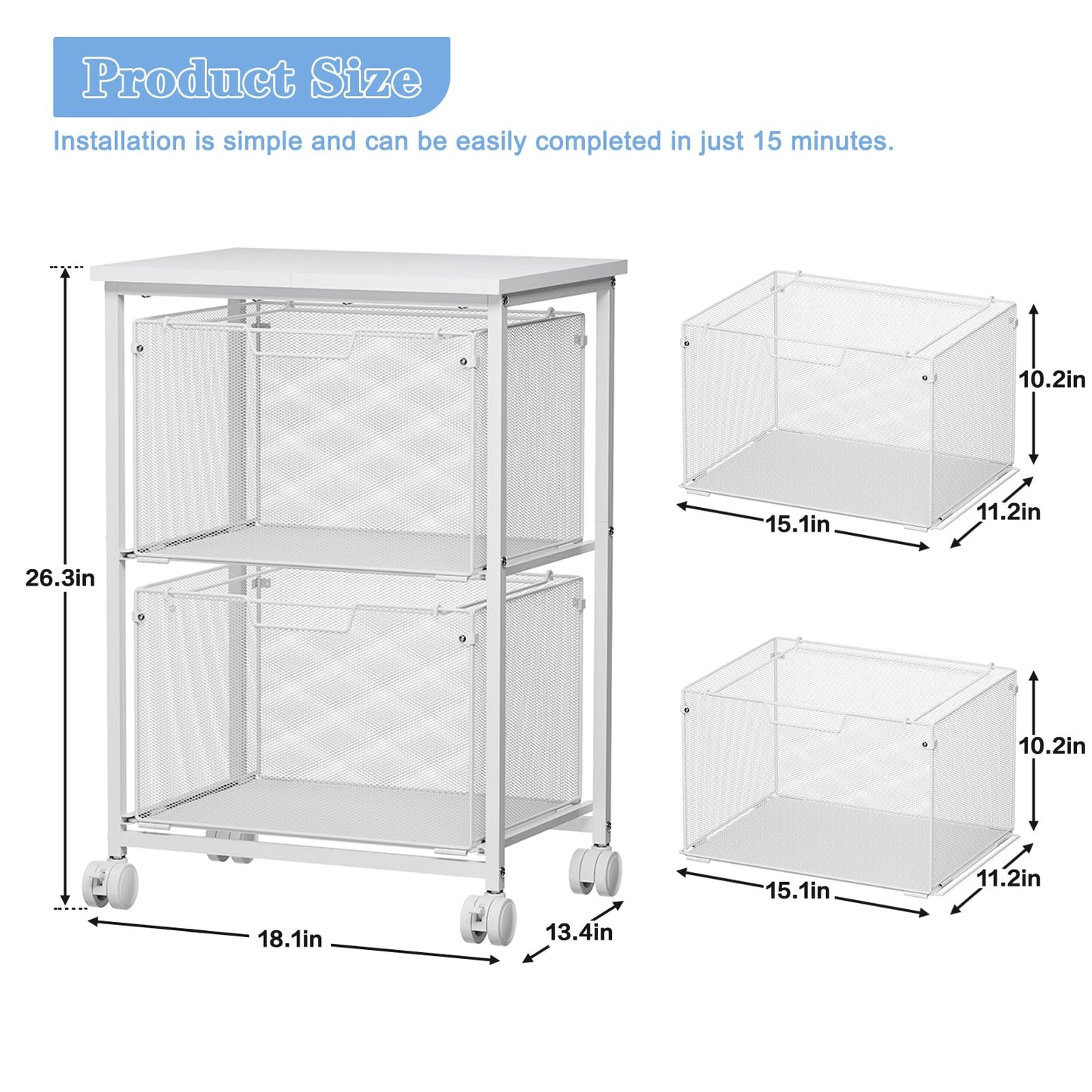 Sbanmao Letter/Legal Rolling File Cabinet, Rolling File Cart with 2 Drawers Filing Cabinet for Home Office, Hanging File Folders Organizer for Under Desk Storage, Mobile Printer Stand, White
