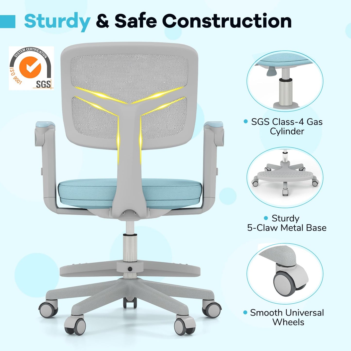 Costzon Kids Desk Chair, Student Ergonomic Computer Chair with Wheels, Footrest, Adjustable Height, Flip-up Armrests & Soft Removable Cushion, Swivel Rolling Kids Office Chair for 3-15 (Blue)