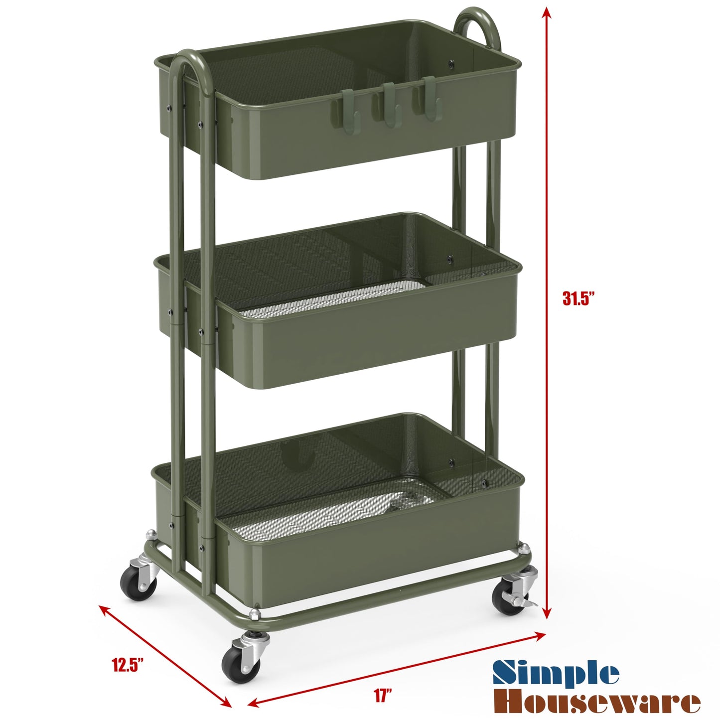 Simple Houseware 3-Tier Heavy Duty Metal Utility Rolling Cart, Army Green