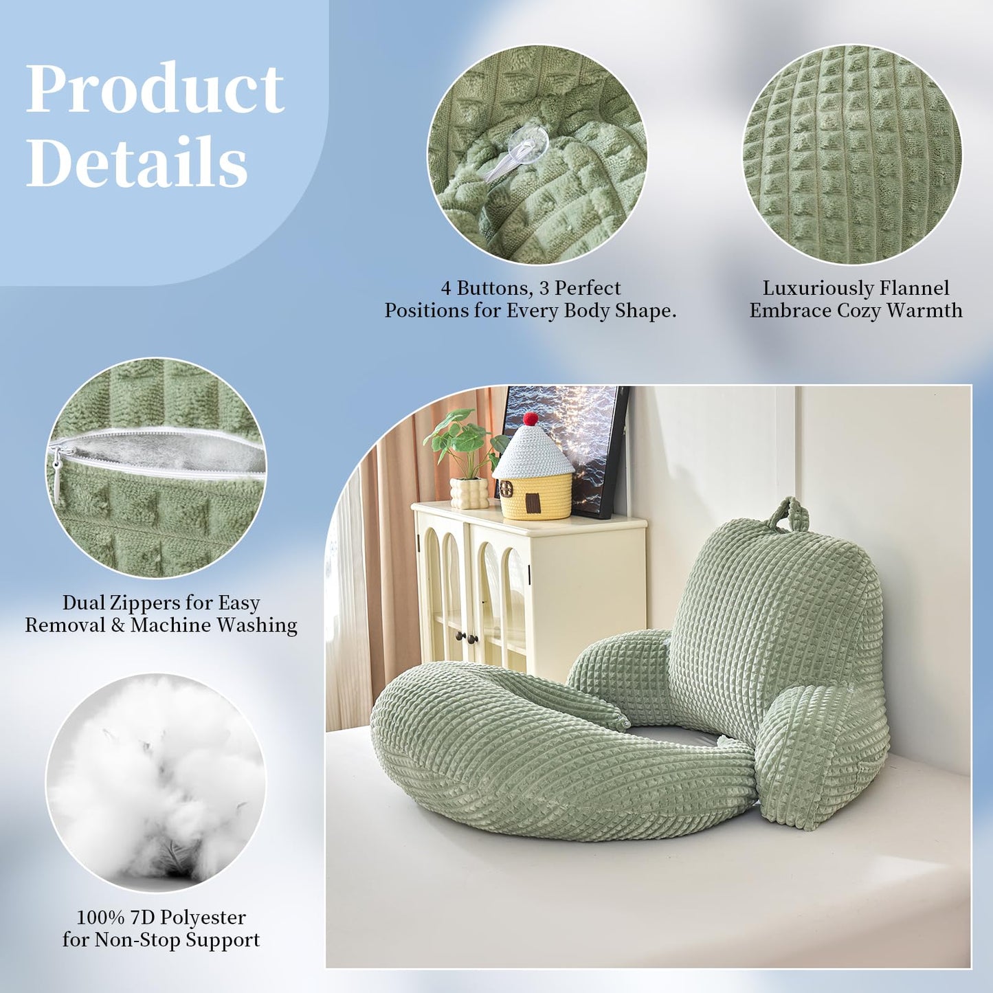 19" Reading Pillow for Bed,U Shaped Arm & Elbow Support,Green Flannel