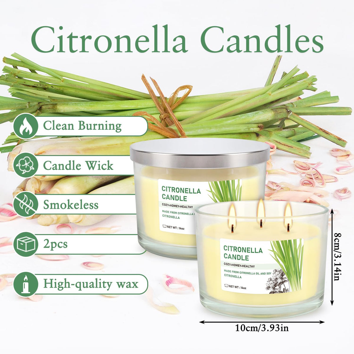 Citronella Candle Outdoor 2-Pack - 14oz Each 3-Wick Candles in Clear Glass Jars, Made with Citronella Oil & Soy Wax for Patio, Camping, Backyard, Emergency & Outdoor Ambiance.