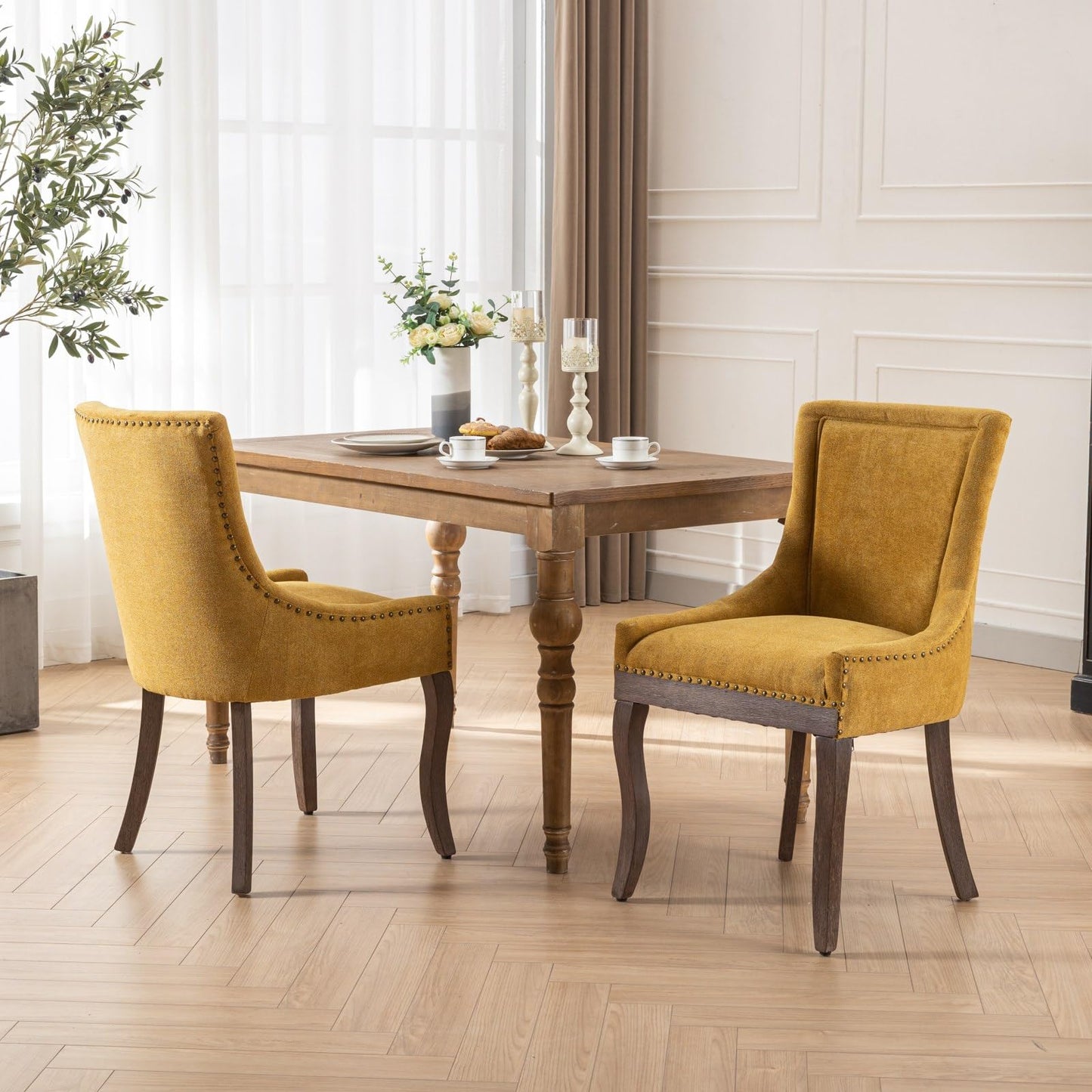 Ball & Cast Mid-Century Upholstered Dining Chairs Set of 2, Thickened Fabric Wingback Kitchen Chairs with Bronze Nail Head & Toned Solid Wood Legs, Golden