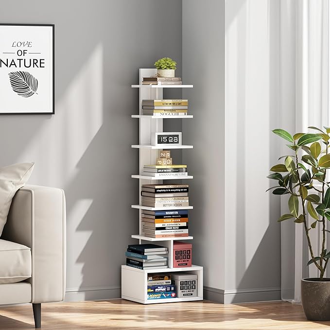 TUTOTAK Narrow Bookshelf, Vertical 8-Tier Bookcase, Spine Book Shelf