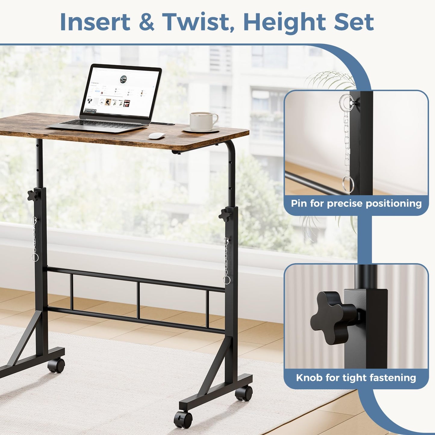 DUMOS 31.5" Adjustable Height Mobile Desk with Locking Wheels & Pin-Lock, Portable Workstation for Walking Pad & Active Home Office, Small Bedroom Desk, Rustic Brown