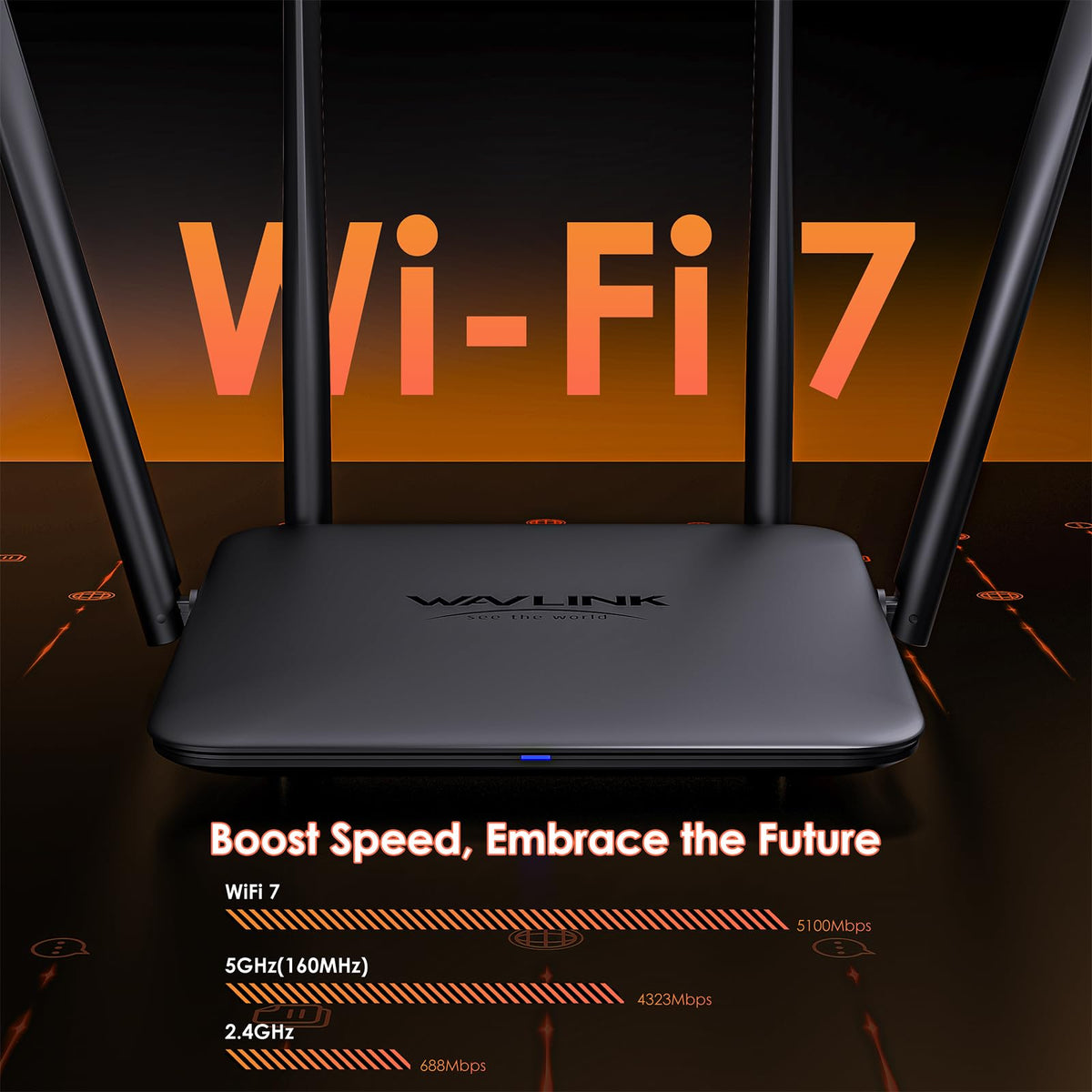 WAVLINK BE5100 WiFi 7 Router, 2026 Dual Band Gaming Router with 4096-QAM Tech, 5dBi High-Gain Antennas, Support Mesh/AP/Repeater Mode, MLO & Multi-RU, Guest WiFi, OFDMA, MU-MIMO, QoS, IPv6, VPN