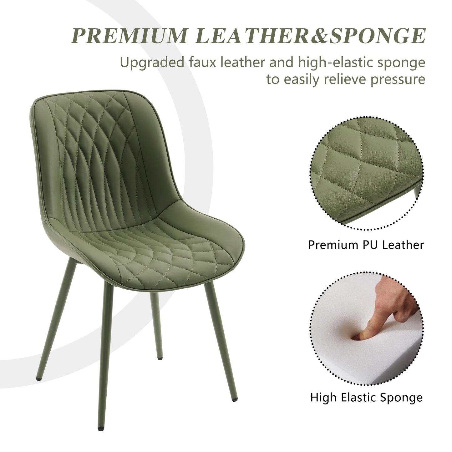 YOUNIKE Olive Green Faux Leather Dining Chairs Set of 2 Mid-Century Modern High Padded Back Comfy Upholstered Kitchen Chairs with Metal Legs Wide Seat Accent Side Chair for Dining/Living/Waiting Room