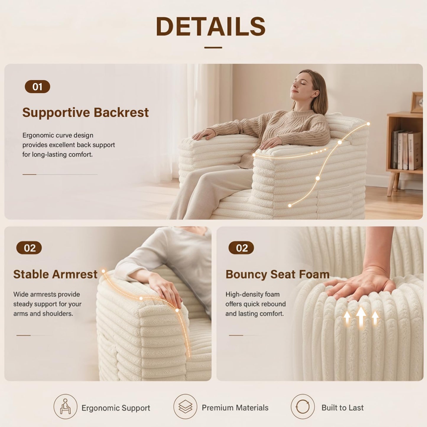 Tiita Bean Bag Chair with Footrest for Adults, Foam Lounge Chair with Back Support and Armrests, Soft Corduroy Cover, Removable Washable Sofa Chair for Reading, Gaming, Beige
