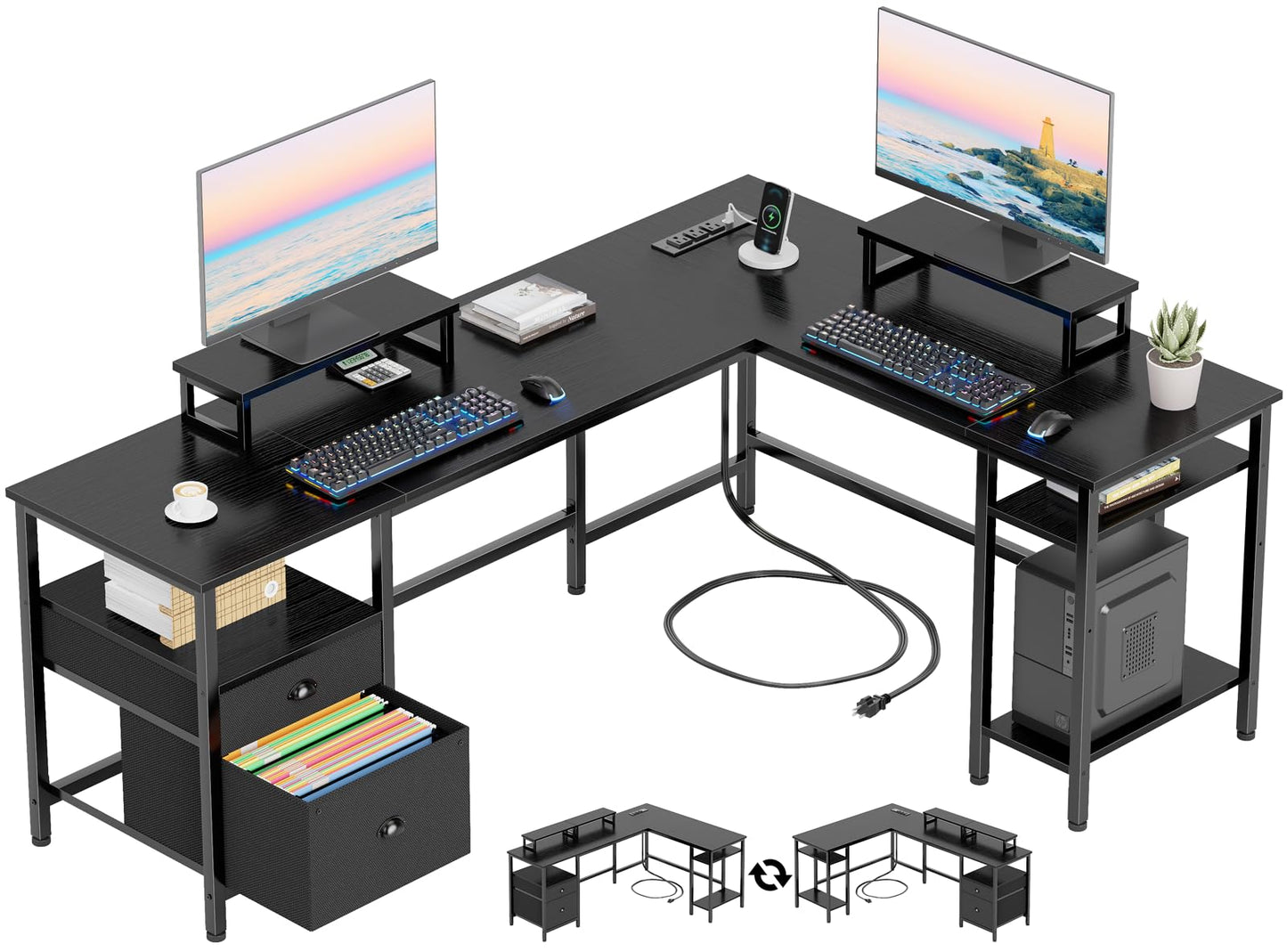 Furologee 66” L Shaped Desk with Power Outlet, Reversible Computer Gaming Desk with File Drawer & 2 Monitor Stands for Home Office with Storage Shelves, Black