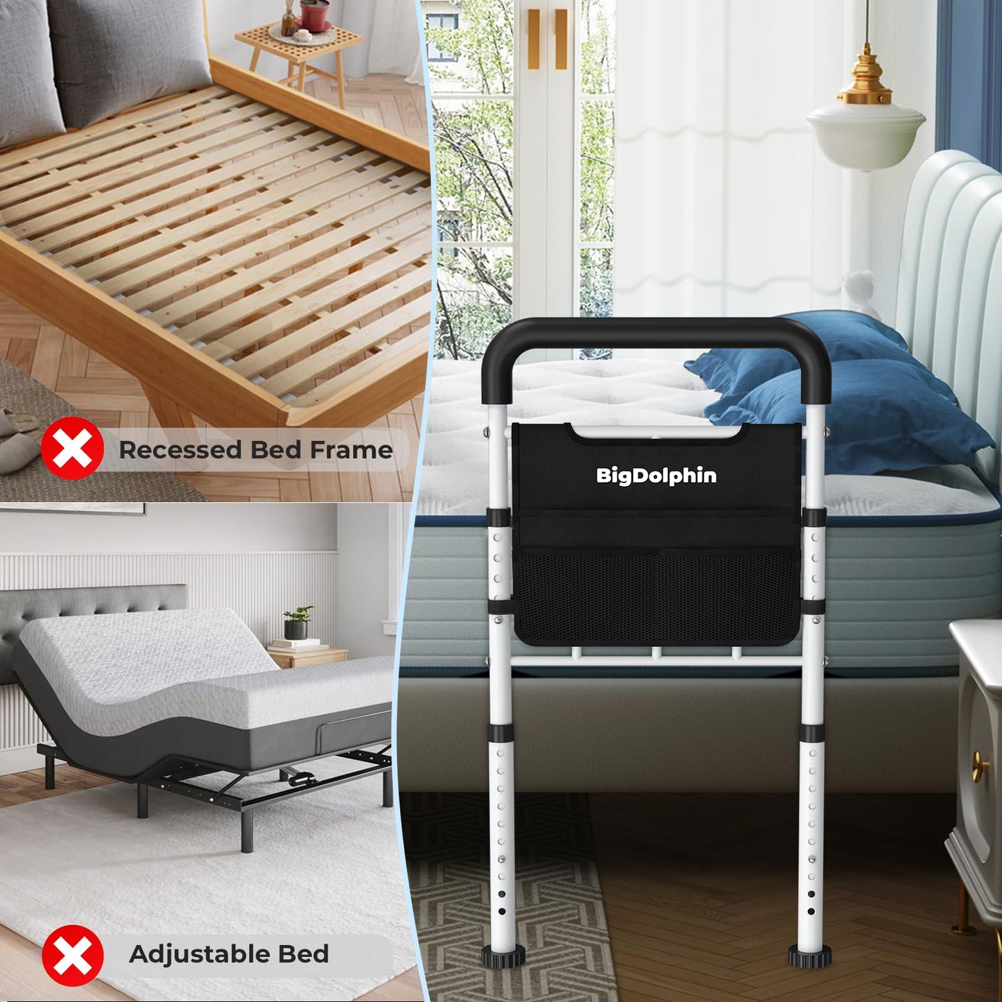 BigDolphin Bed Assist Rail for Elderly - ASTM Approved, 400 LBS Capacity, Tool-Free, Stable Bed Assist Rails for Seniors with Ergonomic Non-Slip Handle & Storage Pocket