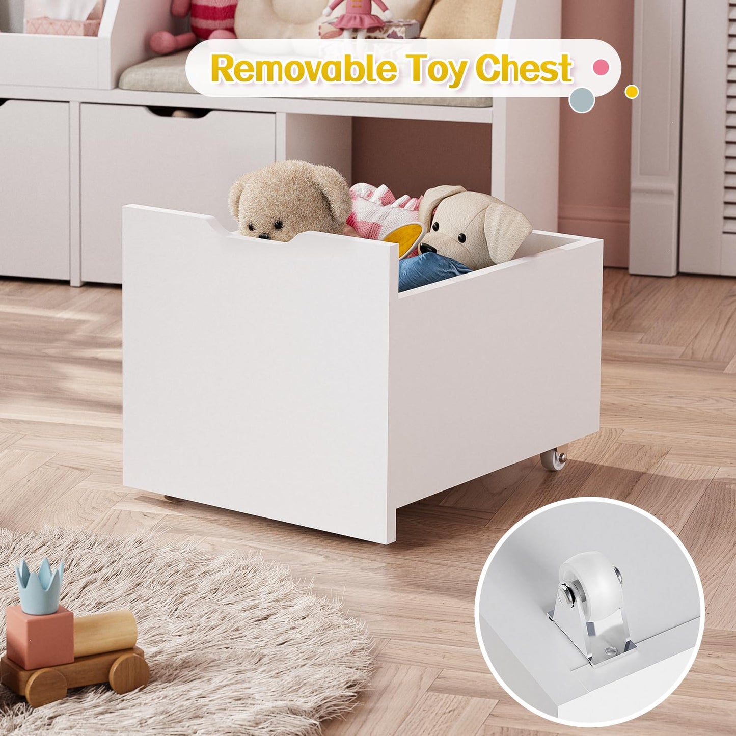 Teckid 40 Inch Kids Toy Organizer with Bookshelf, Cushioned Reading Bench, 3 Movable Drawers and Hidden Wheels, White