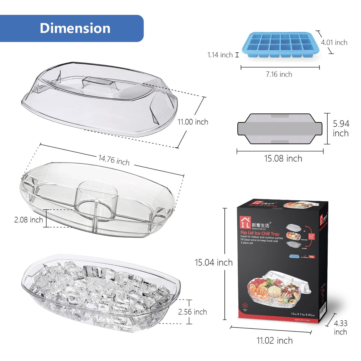 INNOVATIVE LIFE Appetizer Serving Tray on Ice, 15 Inch Party Platter with 4 Ice Cube Tray, Kitchen Chilled Food Bowl with Compartment and Lids for Shrimp, Fruits, Vegetables, Salads, Sushi, Clear