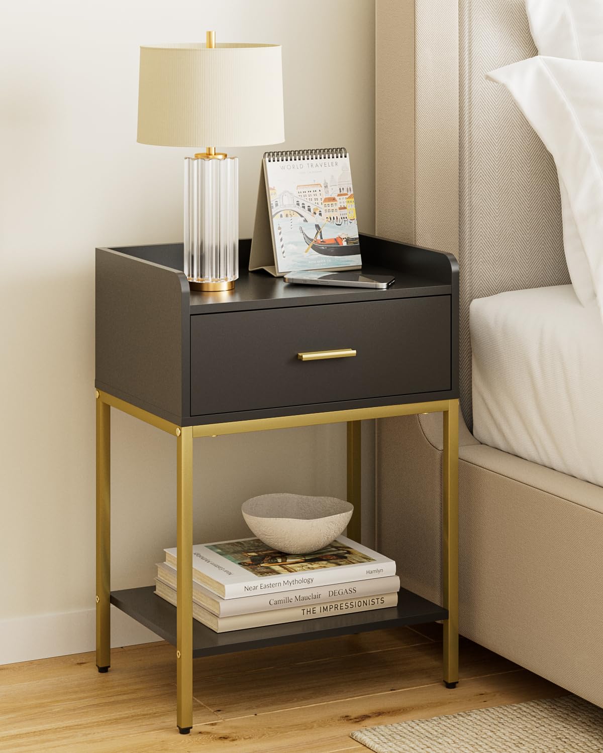 Apetaccat Nightstand,3-Tier Modern Night Stand,Bedside Table with Storage Drawer and Shelf,Small Side Table for Bedroom,Living Room,Black