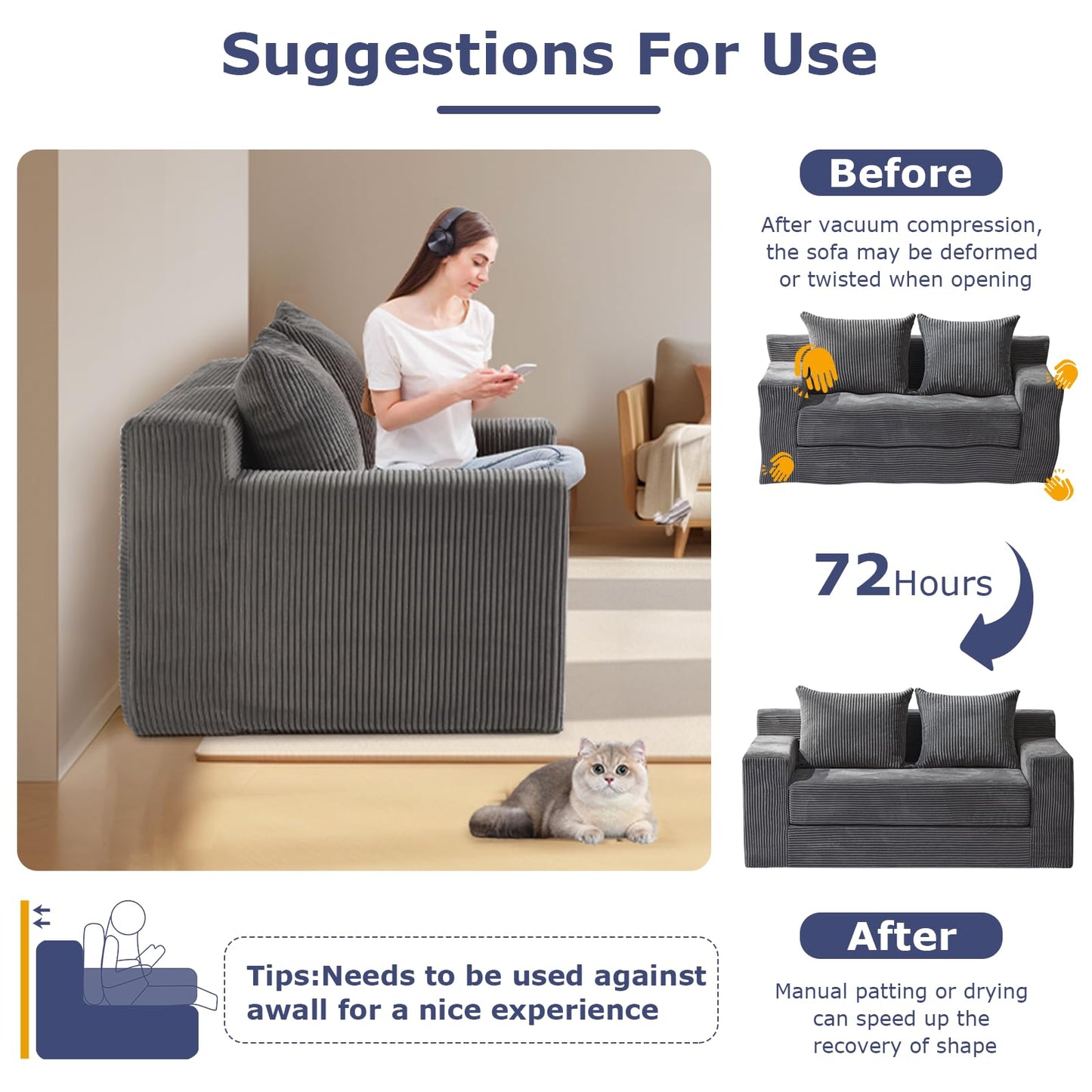 feliz home Convertible Sofa Bed, Boneless Couch Loveseat, 2 in 1 Folding Couch Bed, Fold Out Comfy Floor Futon Sofa with Pillows for Living Room Bedroom, Grey